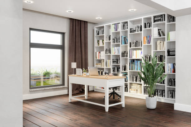 Home Office Interior With Wooden Studying Desk, White Library And Potted Plant.