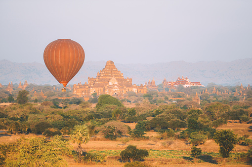 Giant balloon over plain of Bagan in evening, mandalay Myanmar