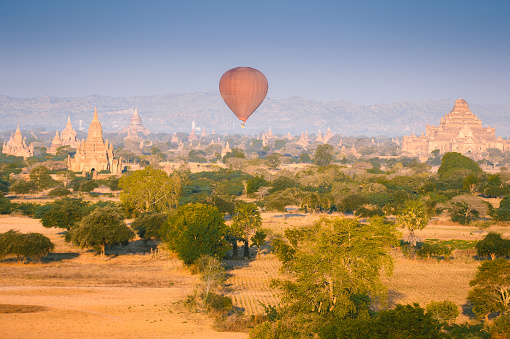 Panoramic of large red balloon over of Bagan in evening, mandalay Myanmar