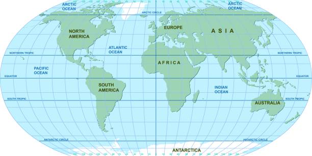 illustrations, cliparts, dessins animés et icônes de carte vectorielle du monde. océans et continents sur une projection plate. - zone équatoriale