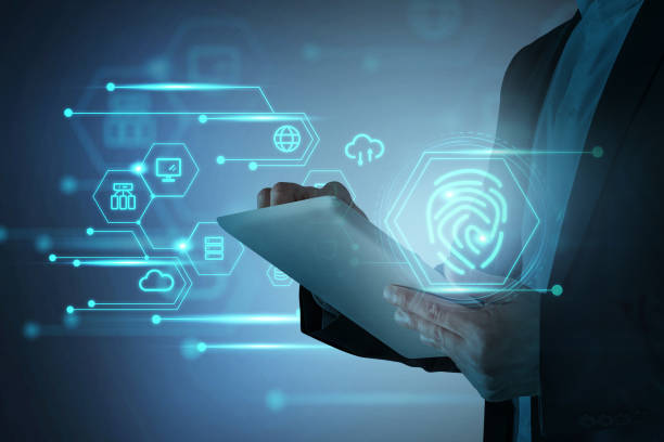 istock Businessman with device, fingerprint with data symbols and network circuit 1325715537