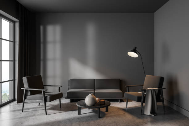 istock Dark living room interior with armchairs and sofa, mockup 1325715655