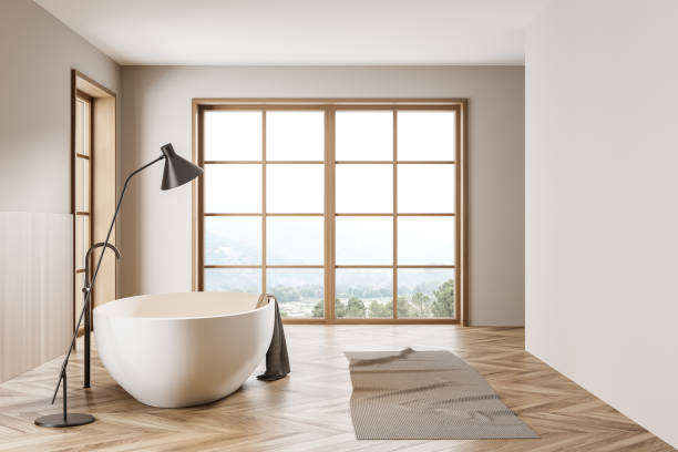 istock Light bathroom interior with bathtub and foot towel with lamp, mockup canvas 1325715739