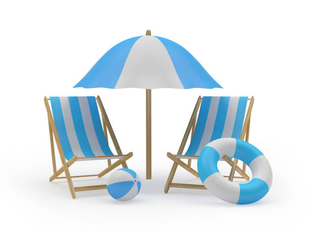 istock Two empty beach loungers under a beach umbrella with lifebuoy 1325715991