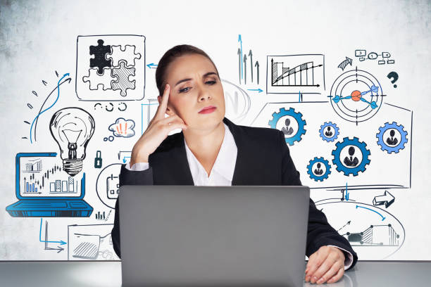 istock Businesswoman in suit using laptop, business plan and network drawing 1325716057