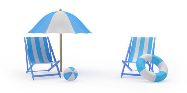 istock Two empty beach loungers under a beach umbrella with lifebuoy and ball 1325716794