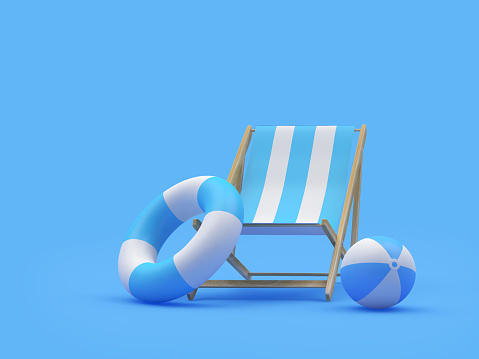 Empty deck chair with lifebuoy and beach ball on blue. 3d illustration