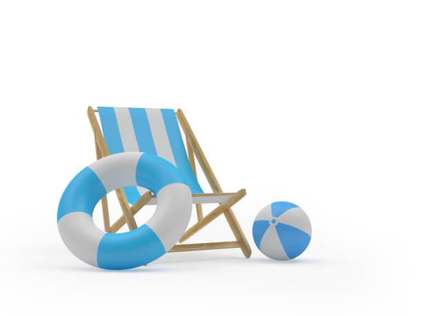 istock Blue striped empty deck chair with beach ball and lifebuoy 1325716998