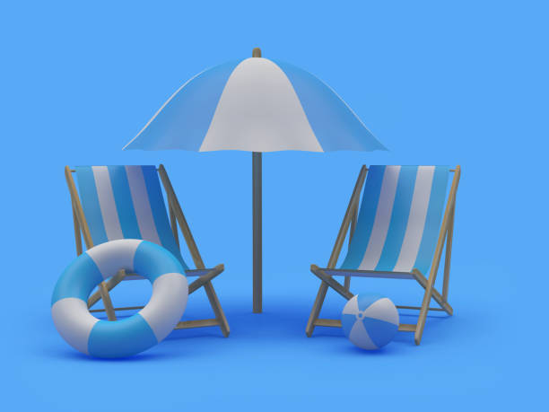 istock Two empty beach loungers under a beach umbrella with lifebuoy 1325717013