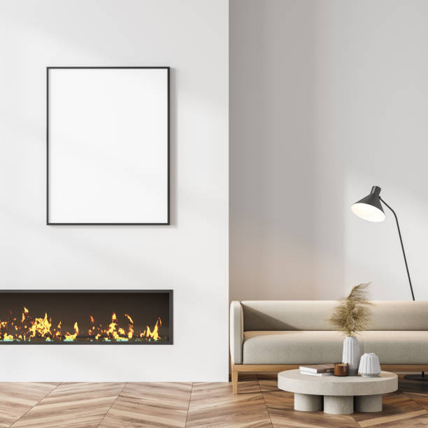 istock Living room interior with fireplace, white empty poster on wall 1325717158