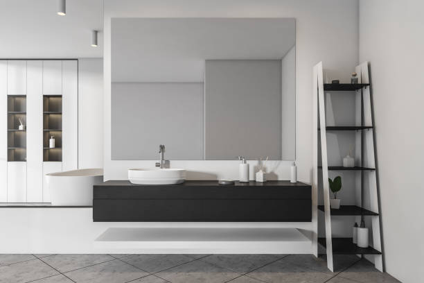 istock Bathroom interior with sink and ladder, bathtub with shelf 1325717276