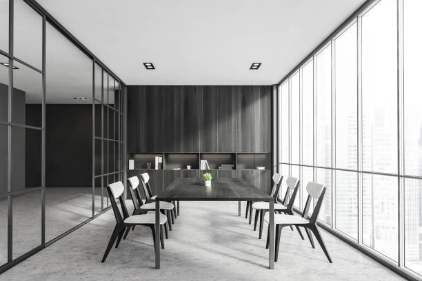 istock Interior design modern meeting room with panoramic windows. Contemporary conference board table. Cityscape view. 1325717333