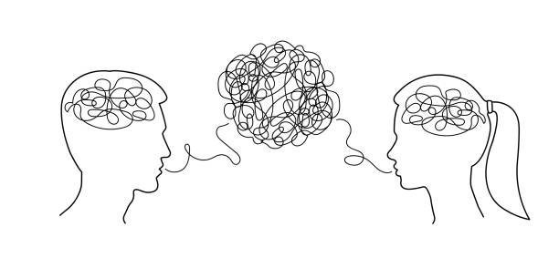 Man and woman dialogue with confused thoughts in their brain. Male and female head silhouettes with convoluted mind and speech. Couple communication, relationship concept. Vector illustration. Man and woman dialogue with confused thoughts in their brain. Male and female head silhouettes with convoluted mind and speech. Couple communication, relationship concept. Vector illustration. maze silhouettes stock illustrations