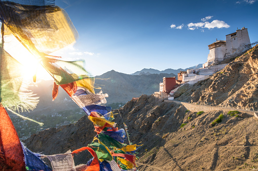 Vivid Prayer flag in and sunset  nature on  Namgyal Tsemo Gompa in Leh, Ladakh, India.