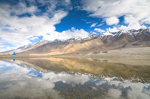 Reflect view of snowcapped mountain on lake and  Nubra valley pangong tso lake in Leh, Ladakh India
