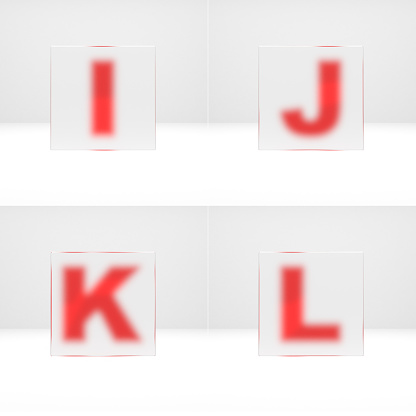 I, J, K, L letters through matte glass. Uppercase art font 3d rendered.
