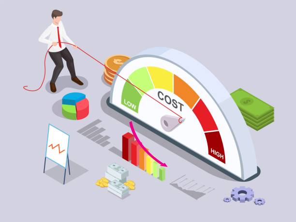 Businessman turning quality meter arrow back with rope, vector isometric illustration. Price management. Cost reduction. Businessman turning quality meter arrow back with rope from high to low level, flat vector isometric illustration. Price management. Cost reduction strategy. Reduced Costs stock illustrations