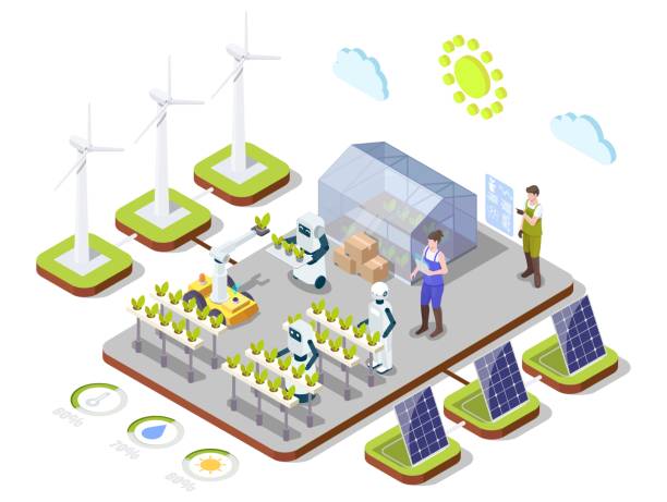 Smart organic farming, vector isometric infographic. AI technologies, automation, clean energy in agricultural industry. Smart farming infographic, flat vector isometric illustration. Smart organic farm using AI technologies and clean energy produced by wind turbines, solar panels. AI in agricultural industry. precision agriculture stock illustrations