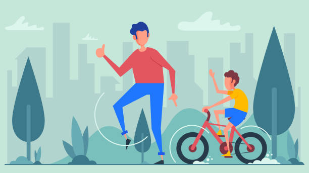 Father and son on a bicycle lane Father and son on a bicycle lane family outdoors stock illustrations