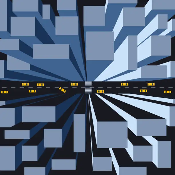 Vector illustration of top view of the metropolis -  modern skyscrapers and the road below with yellow taxis