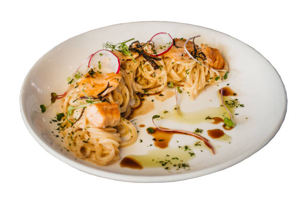 Creamy Miso Butter Salmon Spaghetti Cut Out White Background