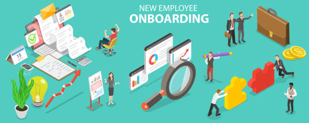 3D Isometric Flat Vector Conceptual Illustration of New Employee Onboarding 3D Isometric Flat Vector Conceptual Illustration of New Employee Onboarding, Organizational Socialization and Acquiring the Necessary Knowledge, Skills, Behaviors new hire stock illustrations