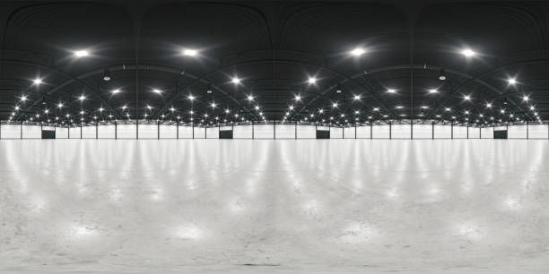 istock Full spherical panorama 360 degrees of empty exhibition space. backdrop for exhibitions and events. Tile floor. Marketing mock up. 3D render illustration 1325730072