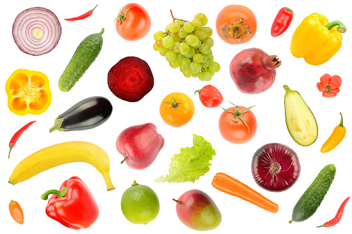 Food and drink large arrangement with carbohydrates protein vegetables and fruits legumes and dairy products on white background leaving side copy space