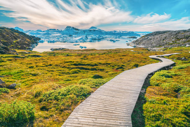 Hiking trail path in Greenland arctic nature landscape with icebergs in Ilulissat icefjord Hiking trail path in Greenland arctic nature landscape with icebergs in Ilulissat icefjord. Photo of scenery ice and iceberg in Greenland in summer. disko bay stock pictures, royalty-free photos & images