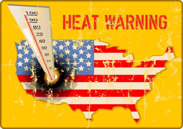Vintage grungy heat warning sign, heatwave due to climate change in the USA, vector illustration Vintage grungy heat warning sign, heatwave due to climate change in the USA, vector illustration flag warning sign summer backgrounds stock illustrations