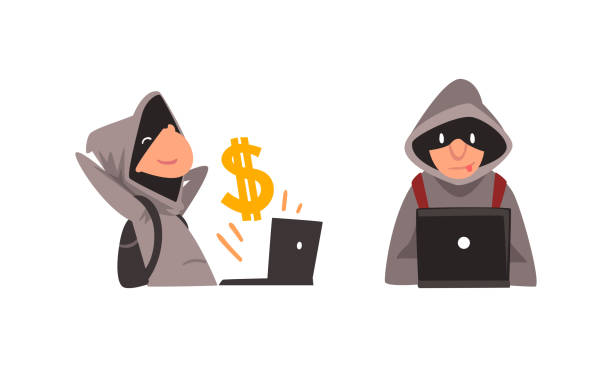 ilustrações de stock, clip art, desenhos animados e ícones de man cybercriminal wearing black mask committing network and computer crime harming security and financial health vector set - harming