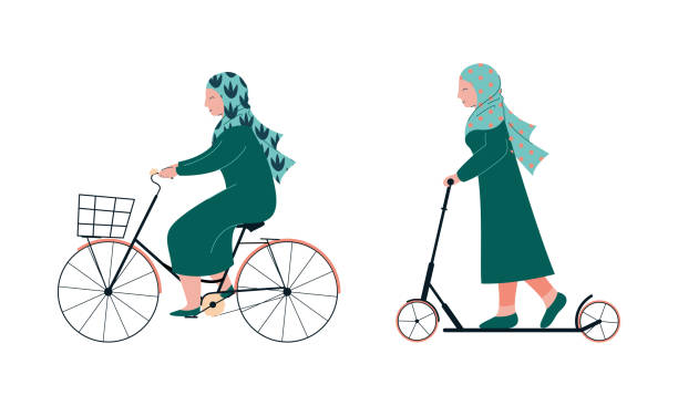 istock Muslim Woman in Hijab Riding Scooter and Cycling Vector Set 1325731557