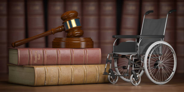 Disability law and social services for disabled people concept. Wheelchair and gavel. Disability law and social services for disabled people concept. Wheelchair and gavel. 3d illustration personal injury lawyer stock pictures, royalty-free photos & images