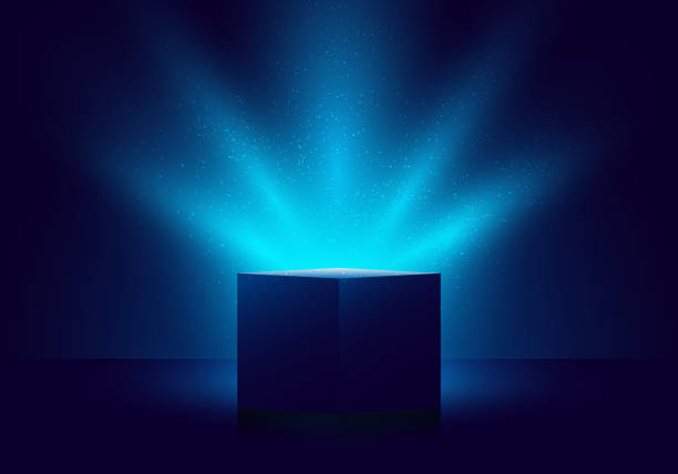 ilustraciones, imágenes clip art, dibujos animados e iconos de stock de caja de misterio azul 3d con brillo de iluminación iluminada sobre fondo oscuro - sorpresa