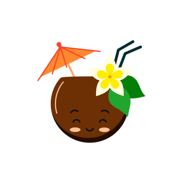 illustrazioni stock, clip art, cartoni animati e icone di tendenza di simpatico coctail di cocco con paglia, fiore e ombrello - drink umbrella umbrella cocktail parasol