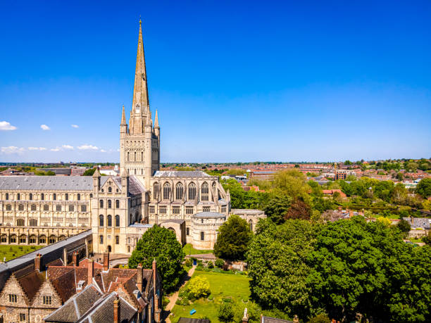 Aerial view of Norwich Cathedral located in Norwich, Norfolk stock photo