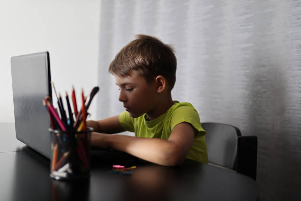 istock Boy typing school homework on laptop at home 1325740903