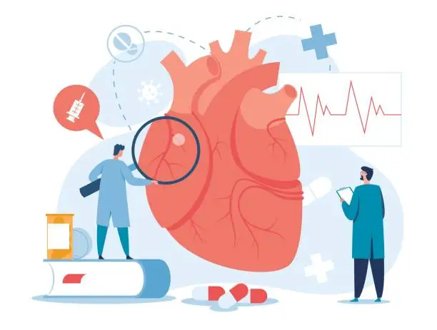 Vector illustration of Cardiology. Cardiologists examining heart. High cholesterol medical diagnostics, heart failure treatment, heart transplantation vector concept
