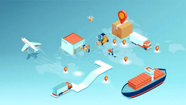 Vector illustration of cargo delivery, logistics transportation and worldwide shipping concept