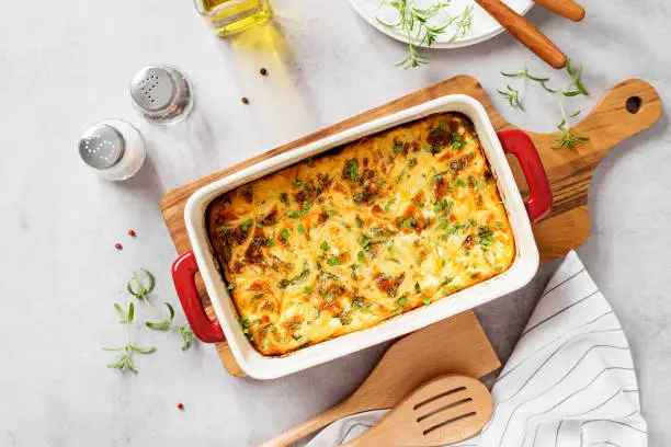 Homemade Spaghetti  Breakfast Casserole in a Baking Dish. Top view