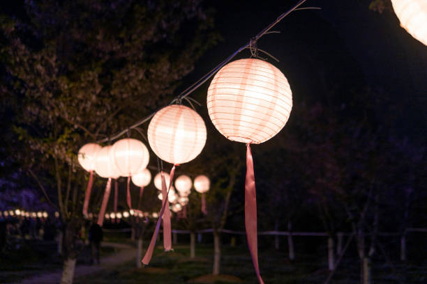 linternas por la noche - paper lantern flash fotografías e imágenes de stock