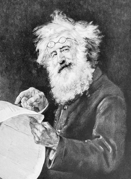 Editor with glasses and a long white beard points to an article in the newspaper: you have to read this. Illustration from 19th century. interview event patterns stock illustrations