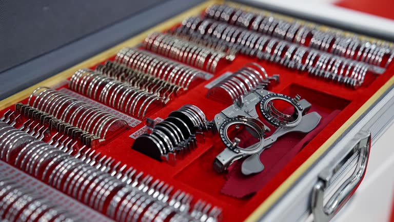 Set of different lenses in the case. Ophthalmologist's box with lenses for trial frame. Medical tools for spectacles. Close-up.