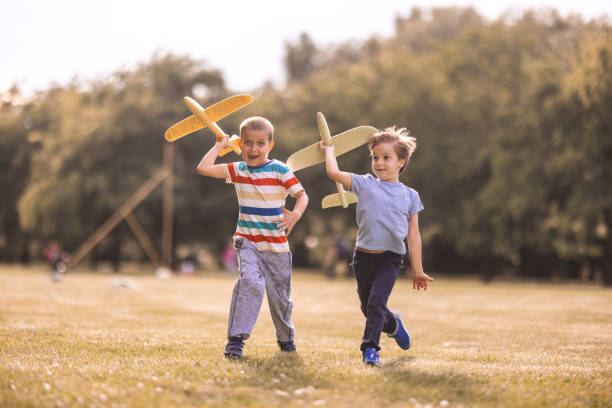 Smiling little boys playing with airplane toy on a field at sunset