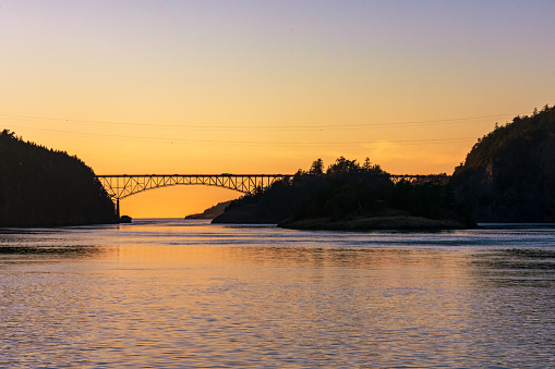 Deception Pass Bridge silhouetted at Sunset, Whidbey Island, Washington