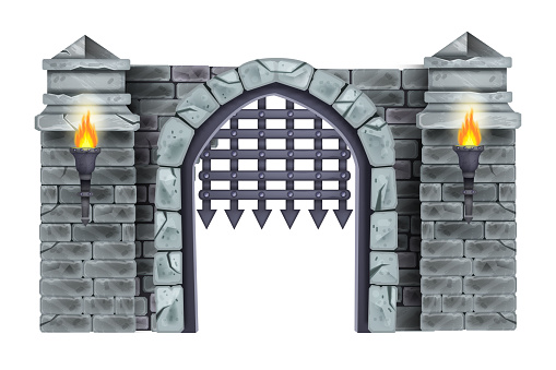Vintage architecture dungeon entrance, metal fortress grate, torch. Castle gate game object