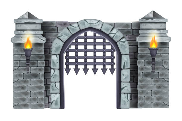Castle wrought iron vector gate illustration, medieval brick column portal, stone arch isolated on white. Vintage architecture dungeon entrance, metal fortress grate, torch. Castle gate game object ancient arch architecture brick stock illustrations