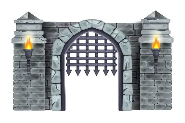 Vector illustration of Castle wrought iron vector gate illustration, medieval brick column portal, stone arch isolated on white.