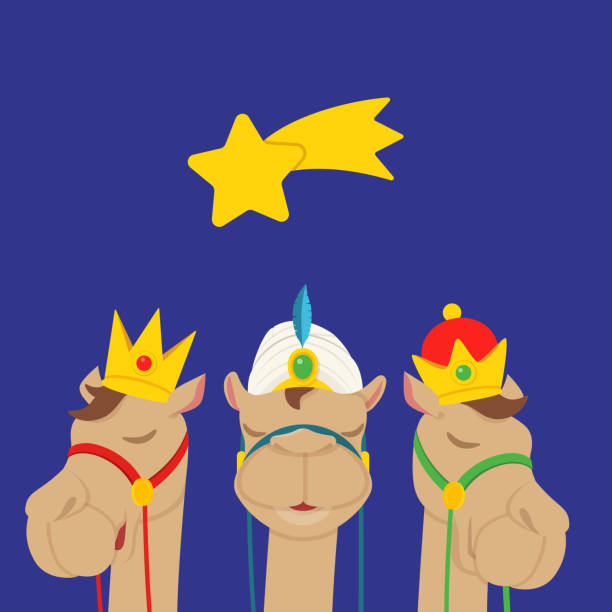 ilustrações de stock, clip art, desenhos animados e ícones de cute camels with three kings crowns celebrate epiphany - cartoon style - christmas gift christianity isolated objects