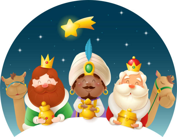 We Three Kings celebrate Epiphany - cute vector illustration isolated We Three Kings celebrate Epiphany - cute vector illustration isolated religious christmas greetings stock illustrations